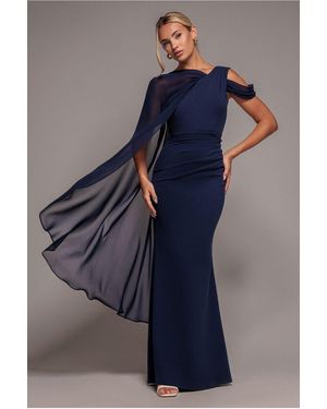 Goddiva One Shoulder Chiffon Cape Crepe Maxi Dress - Blue