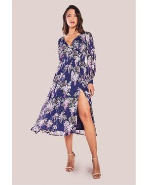 Goddiva Printed Lurex Chiffon Long Sleeve Midi Dress - Blue