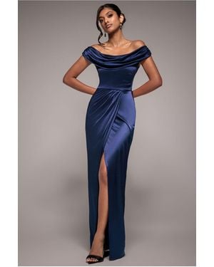 Goddiva Cowl Bardot Satin Twill Maxi Dress - Blue