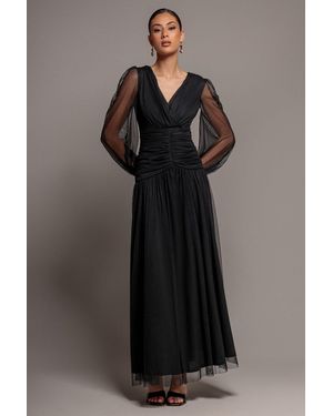 Goddiva Gathered Long Balloon Sleeve A-Line Mesh Maxi Dress - Black