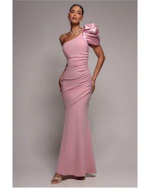 Goddiva One Shoulder Puffed Satin Sleeve Evening Maxi Dress - Pink