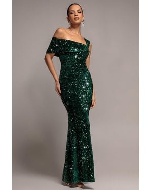 Goddiva Asymmetric Off Shoulder Pleated Waist Maxi Dress - Multicolour