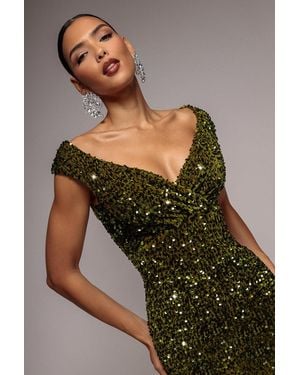 Goddiva Multi Sequin & Velvet Bardot Midi Dress - Green