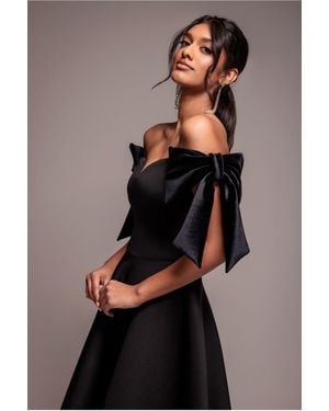 Goddiva Scuba Off The Shoulder Velvet Bow Skater Midi Dress - Gray