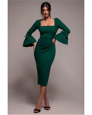 Goddiva Petal Bow Sleeve Frill Midi Dress - Green