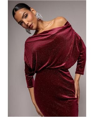Goddiva Glitter Velvet Cowl Neck Sheath Midi Dress - Red
