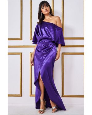 Goddiva Satin Drape Shoulder Wrap Maxi Dress - Purple