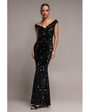 Goddiva Sequin & Velvet Off The Shoulder Wrap Maxi Dress - Black