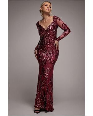 Goddiva Sequin Leaf Long Sleeve Maxi Dress - Purple