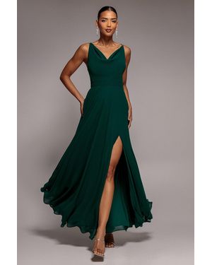 Goddiva Chiffon Cowl Twisted Rope Strap Lace-Up Flared Maxi Dress - Green