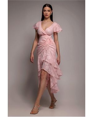 Goddiva Jacquard Chiffon Wrap High Low Midaxi Dress - Pink