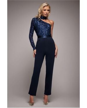 Goddiva One Shoulder Sequin Jumpsuit - Blue