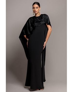 Goddiva Scoop Neck Soft Satin Cape Sleeve Maxi Dress - Black