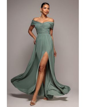 Goddiva Gathered Bardot Maxi Dress With Front Split - Grey