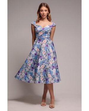 Goddiva Floral Print A-Line Sweetheart Midi Dress - Blue
