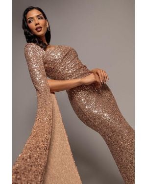 Goddiva One Side Cape Sleeve Sequin Maxi Dress - Brown