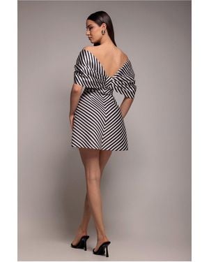 Goddiva Stripe Off Shoulder Bow Back Satin Bow Mini Dress - Grey