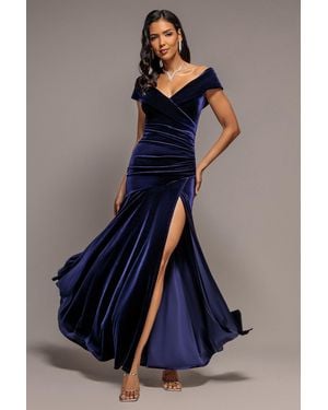 Goddiva Velvet Off Shoulder Pleated A Line Maxi Dress - Blue