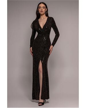 Goddiva Sequin Glitter Lurex Long Sleeve Wrap Maxi Dress - Black