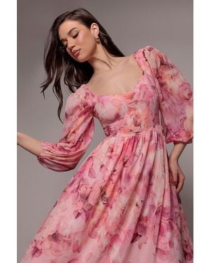 Goddiva Floral Print Shirred Back A Line Maxi Dress - Pink