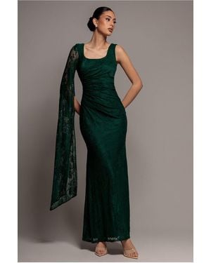 Goddiva One Shoulder Cape Sleeve Pleated Lace Maxi Dress - Green