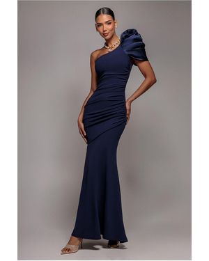 Goddiva One Shoulder Puffed Satin Sleeve Evening Maxi Dress - Blue