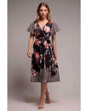 Goddiva Flutter Sleeve Printed Midi Dress - Multicolour