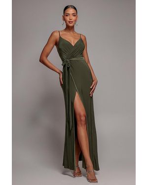 City Goddess Wrap Front Maxi Slip Dress With Waist Tie-Up - Green