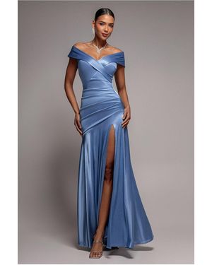 Goddiva Satin Off Shoulder Pleated Maxi Dress - Blue