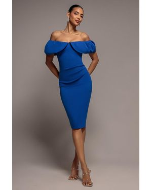 Goddiva Scuba Crepe Pleated Bardot Midi Dress - Blue