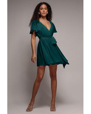Goddiva Flutter Sleeve Wrap Mini Dress With Elasticated Waist - Green