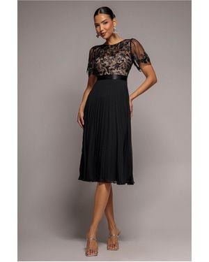 Goddiva Embroidered Top Chiffon Pleated Midi - Black