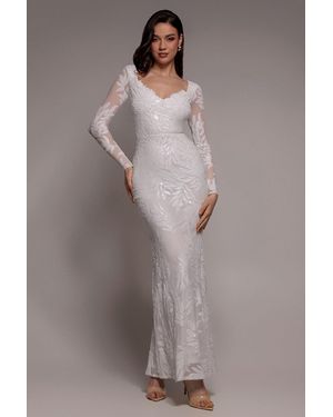 Goddiva Sequin Leaf Long Sleeve Maxi Dress - Gray