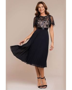Goddiva Embroidered Top Chiffon Pleated Midi - Black
