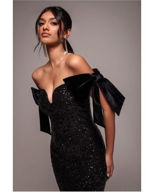 Goddiva Sequin Off The Shoulder Velvet Bow Maxi Dress - Black