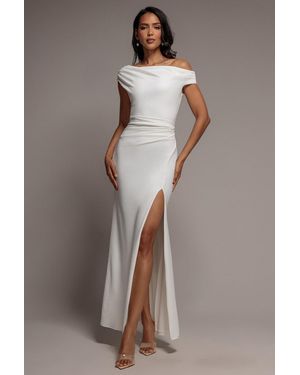 Goddiva Asymmetric One Shoulder Front Split Scuba Crepe Maxi Dress - Brown