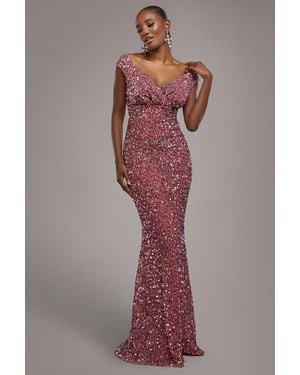Goddiva Multi Sequin & Velvet Bardot Maxi Dress - Red