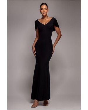 Goddiva V Neck Cowl Back Pleated Sleeve Scuba Maxi Dress - Black