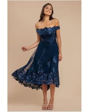 Goddiva Bardot Sequin & Lace High Low Midi - Blue