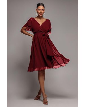 Goddiva Chiffon Flutter Sleeve Wrap Midi Dress - Red