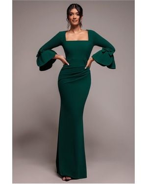 Goddiva Petal Bow Sleeve Frill Maxi Dress - Green
