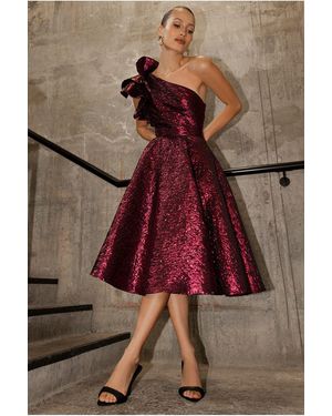 Goddiva One Shoulder Frill Jacquard Skater Midi Dress - Red