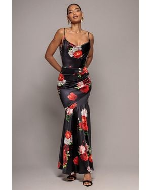 Goddiva Floral Print Satin Cowl Neck Maxi Dress - Black