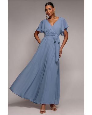 Goddiva Chiffon Flutter Sleeve Wrap Maxi Dress - Blue