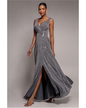 Goddiva Wrap Glitter Lurex Sleeveless Maxi Dress - Grey
