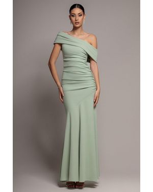 Goddiva Pleated One Shoulder Bardot Fit And Flare Maxi Dress - Green