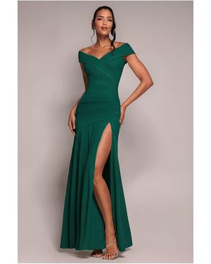 Goddiva Scuba Crepe Off Shoulder Front Split Maxi Dress - Green