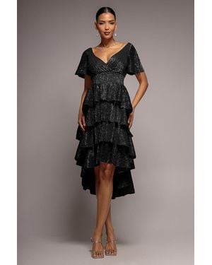 Goddiva Crinkle Lurex High Low Layered Midi Dress - Black