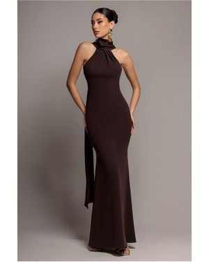 Goddiva Scuba & Soft Satin Halterneck Maxi Dress With Back Sash - Brown