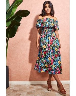 Goddiva Off The Shoulder Floral Midi Dress - Blue
